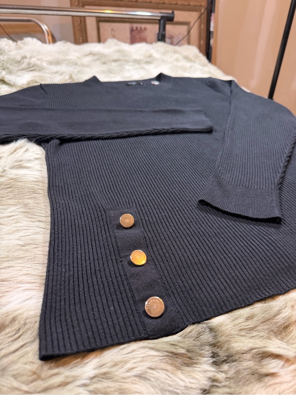 Tahari Petite PL Black Ribbed Knit Sweater with Gold Buttons